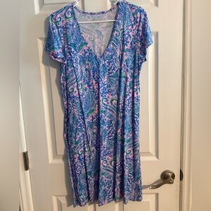 Lilly Pulitzer Dress Women Medium Pink Blue Sea Print V-Neck Short Sleeve